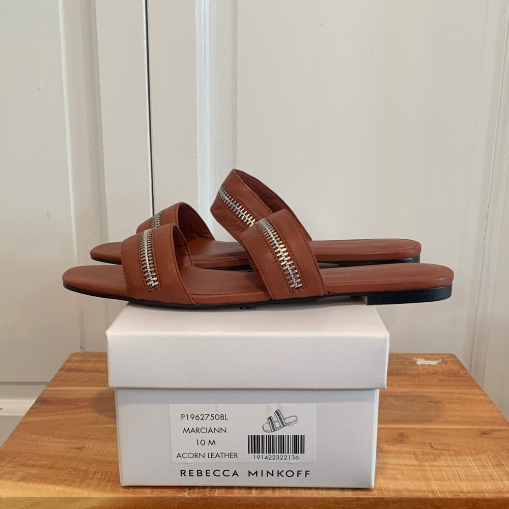 Rebecca Minkoff Acorn Leather Slides with Silver Accents